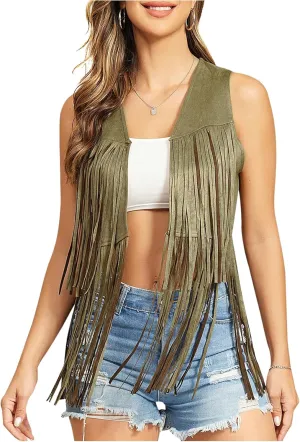 Verdusa Women's Tassel Sleeveless Vest 70s Hippie Faux Suede Fringe Jacket Cardigan