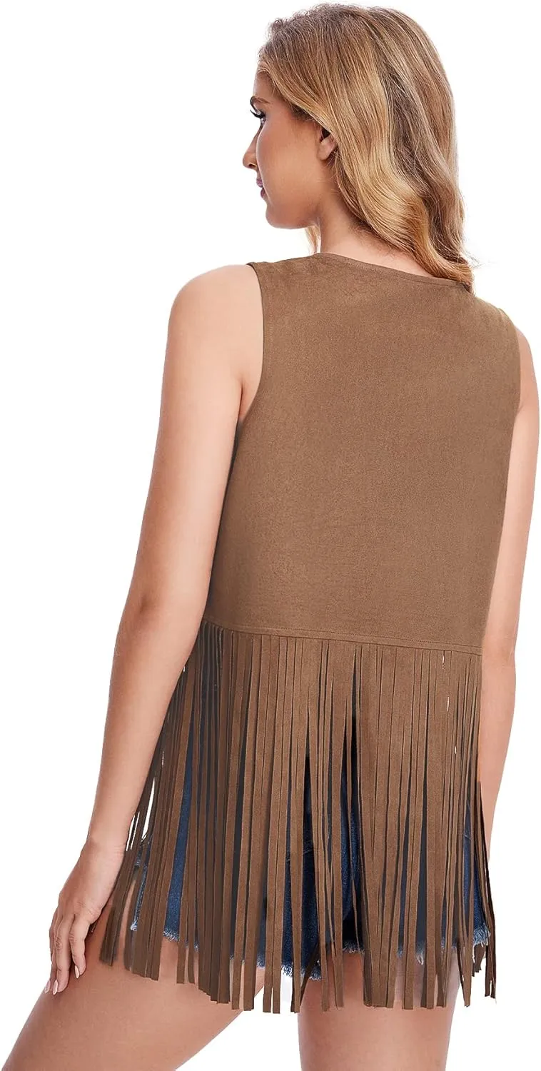 Verdusa Women's Tassel Sleeveless Vest 70s Hippie Faux Suede Fringe Jacket Cardigan