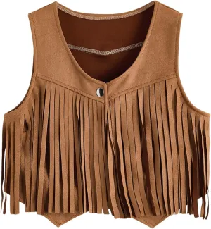 Verdusa Women's Tassel Suede Vest Sleeveless Fringe Hippie Crop Jacket