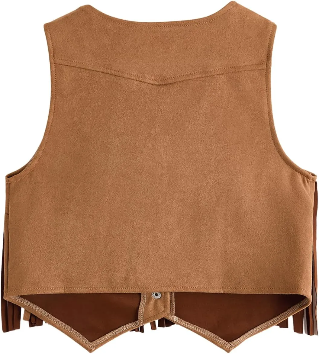 Verdusa Women's Tassel Suede Vest Sleeveless Fringe Hippie Crop Jacket