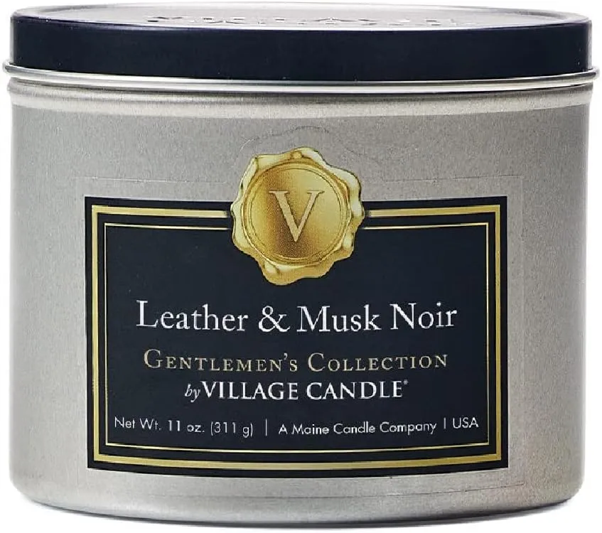 Village Candle Leather & Musk Noir Gentleman's Collection, 11 Ounce, Silver Tin with Black Lid