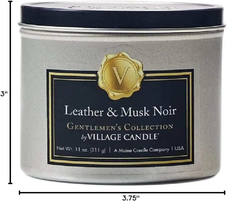 Village Candle Leather & Musk Noir Gentleman's Collection, 11 Ounce, Silver Tin with Black Lid