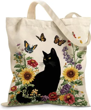 Vintage Cat Print Tote Bag - Aesthetic Watercolor Feline Design Cotton Canvas Handbag with Magnetic Snap for Women
