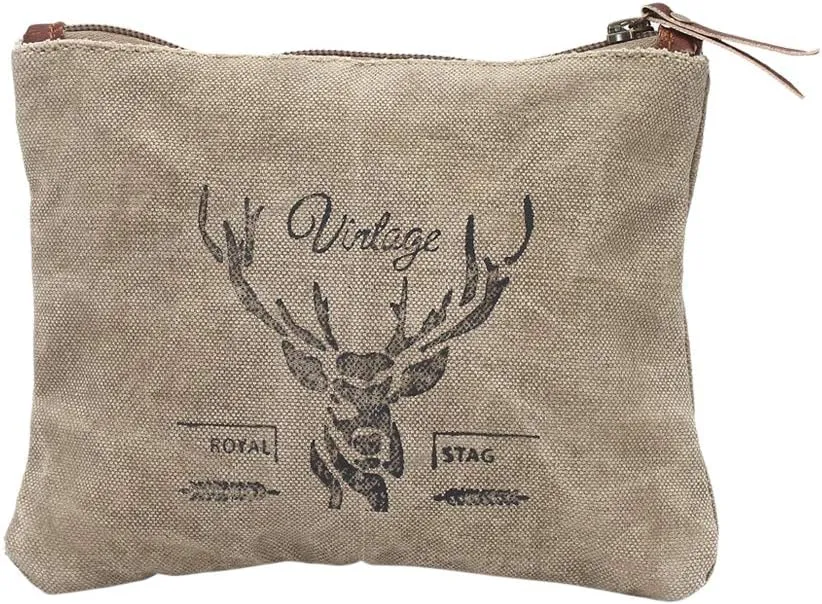 Vintage Deer Print Upcycled Canvas and Genuine Leather Trim Zipper Pouch