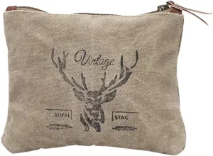 Vintage Deer Print Upcycled Canvas and Genuine Leather Trim Zipper Pouch