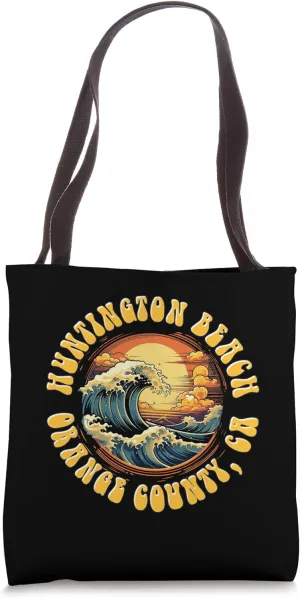 Vintage Huntington Beach Waves Sunset Des - Edgy Retro Tote Bag