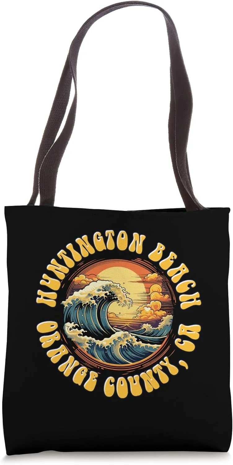 Vintage Huntington Beach Waves Sunset Des - Edgy Retro Tote Bag