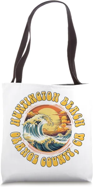 Vintage Huntington Beach Waves Sunset Des - Edgy Retro Tote Bag