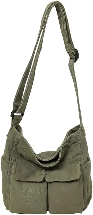Vintage Style Canvas Messenger Bag, Shoulder Bags Multi-Pocket, Adjustable Strap (Military Green)