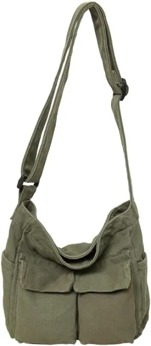 Vintage Style Canvas Messenger Bag, Shoulder Bags Multi-Pocket, Adjustable Strap (Military Green)