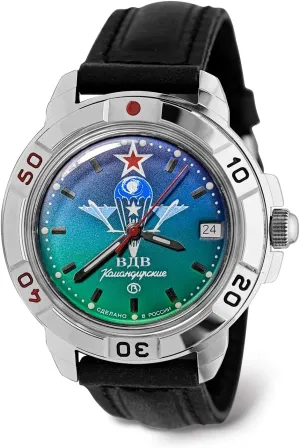 Vostok | VDV Komandirskie Military Commander Airborne Forces Mechanical 40mm Wrist Watch | Model 431021 | WR 20m | Blur-Green Dial Mechanical Watch | Luminous dots | Leather Band B®