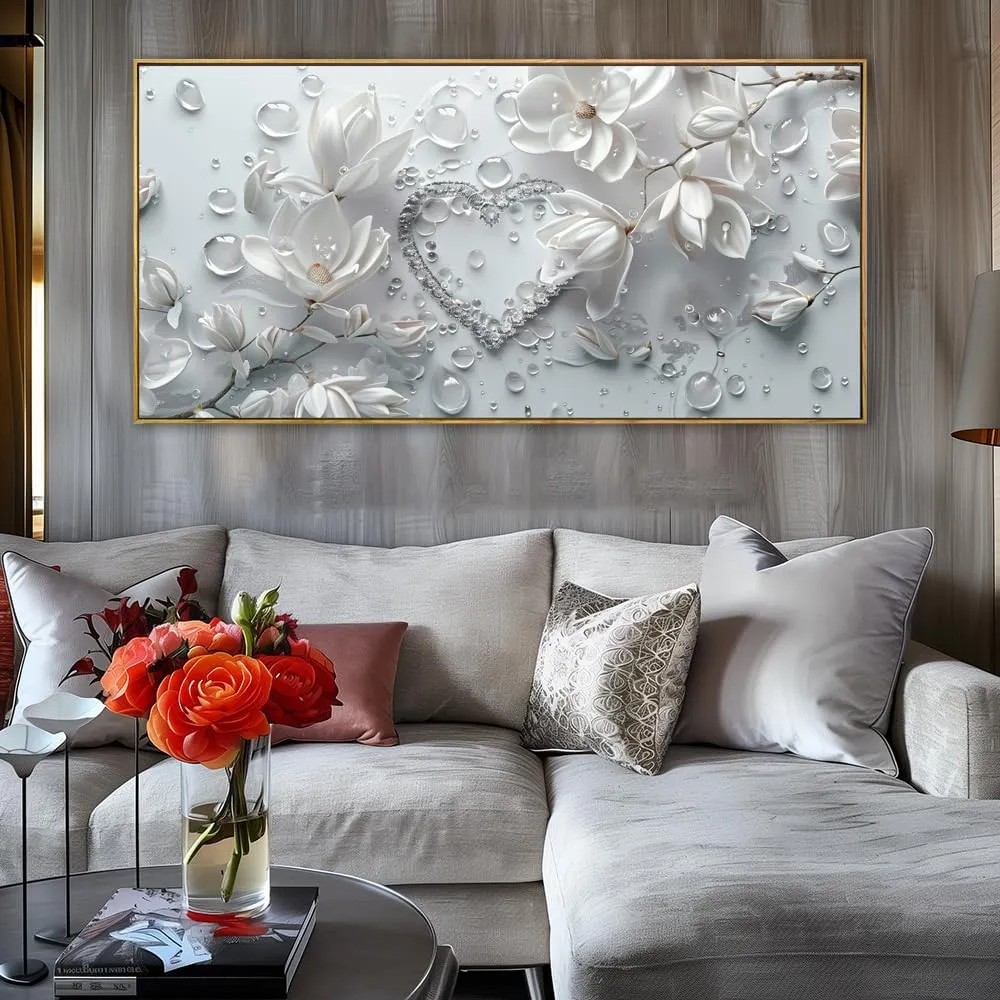 Wall Art Modern Flowers Artwork Love Heart Wall Decor White Canvas Prints for Living Room Bedroom Dining Room Home Office Decor Large Framed Ready to Hang 20"x40"