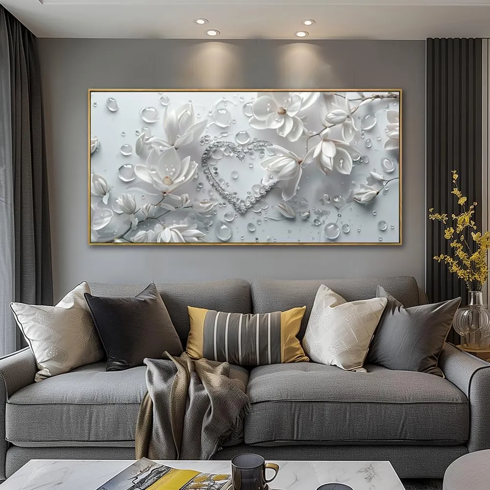 Wall Art Modern Flowers Artwork Love Heart Wall Decor White Canvas Prints for Living Room Bedroom Dining Room Home Office Decor Large Framed Ready to Hang 20"x40"