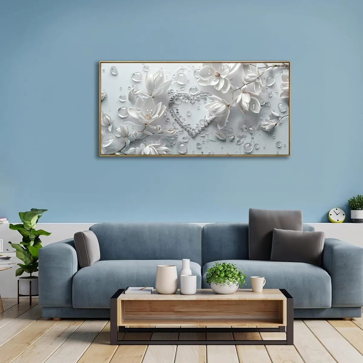 Wall Art Modern Flowers Artwork Love Heart Wall Decor White Canvas Prints for Living Room Bedroom Dining Room Home Office Decor Large Framed Ready to Hang 20"x40"