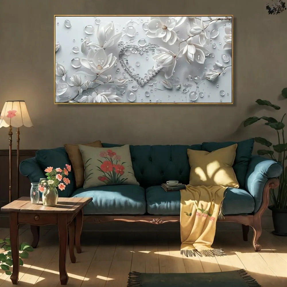 Wall Art Modern Flowers Artwork Love Heart Wall Decor White Canvas Prints for Living Room Bedroom Dining Room Home Office Decor Large Framed Ready to Hang 20"x40"