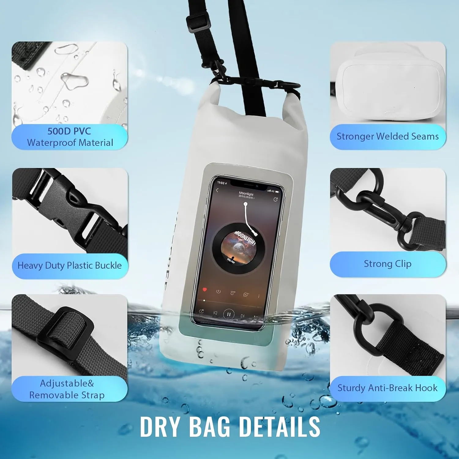 Waterproof Dry Bag,Roll Top Waterproof Backpack Phone Case Pouch for Travel,Kayaking,Rafting,Camping,Surfing,Boating,Hiking,Beach and Fishing (2 L White Black)