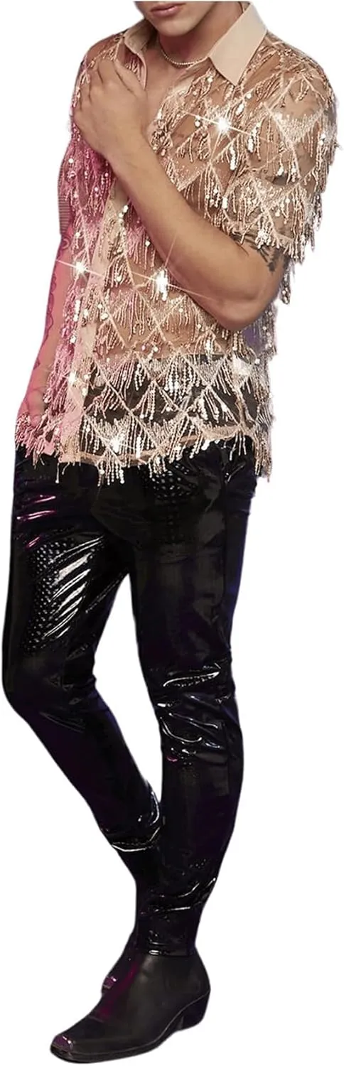 WDIRARA Men's Sequin Decor Fringe Button Front Shirts Short Sleeve Sheer Party T Shirt