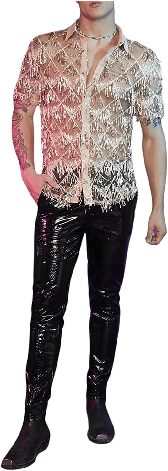 WDIRARA Men's Sequin Decor Fringe Button Front Shirts Short Sleeve Sheer Party T Shirt