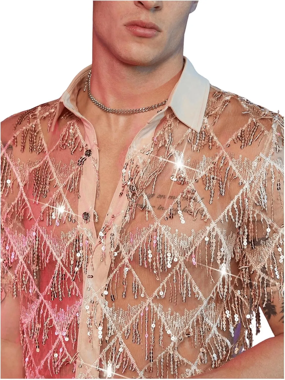 WDIRARA Men's Sequin Decor Fringe Button Front Shirts Short Sleeve Sheer Party T Shirt
