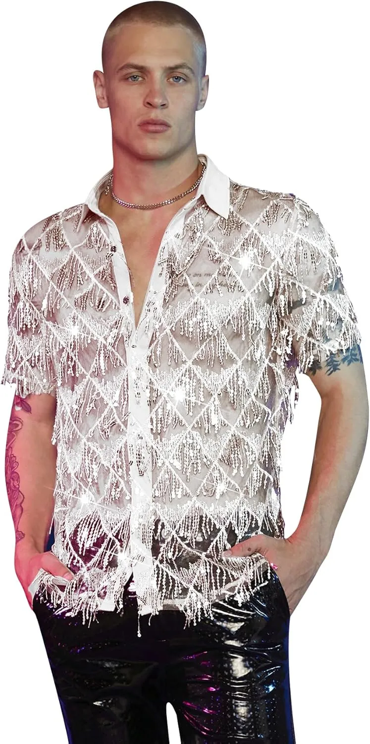WDIRARA Men's Sequin Decor Fringe Button Front Shirts Short Sleeve Sheer Party T Shirt