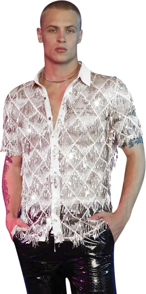 WDIRARA Men's Sequin Decor Fringe Button Front Shirts Short Sleeve Sheer Party T Shirt