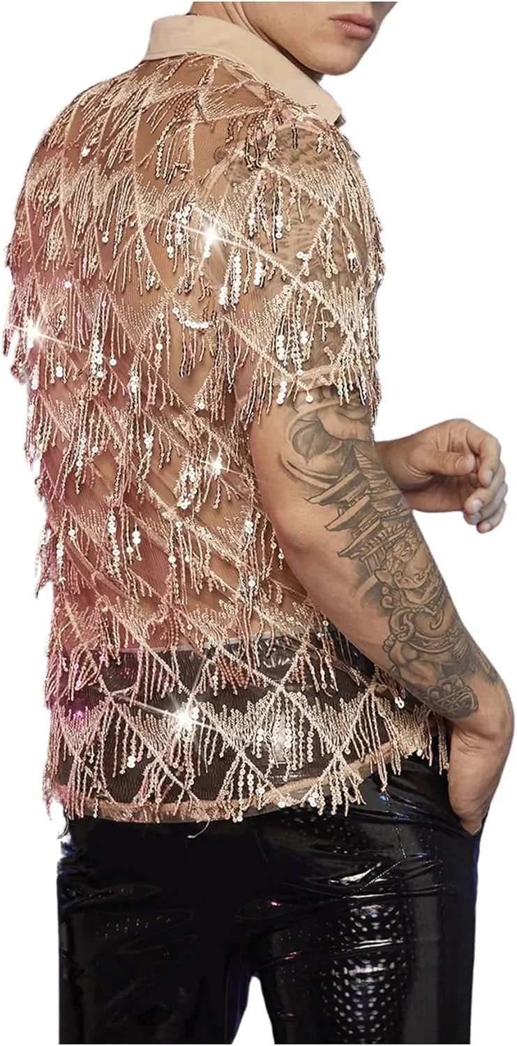 WDIRARA Men's Sequin Decor Fringe Button Front Shirts Short Sleeve Sheer Party T Shirt