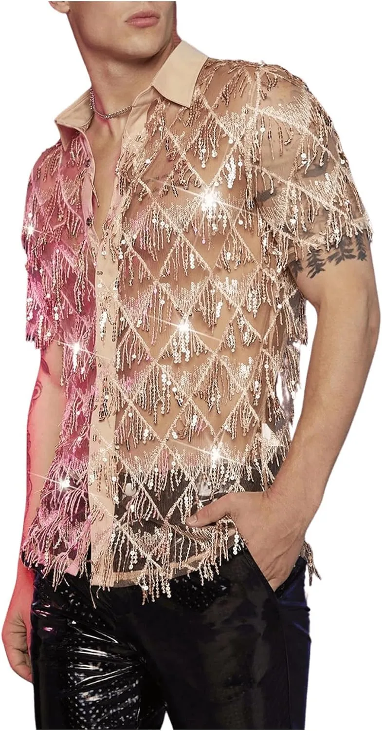 WDIRARA Men's Sequin Decor Fringe Button Front Shirts Short Sleeve Sheer Party T Shirt