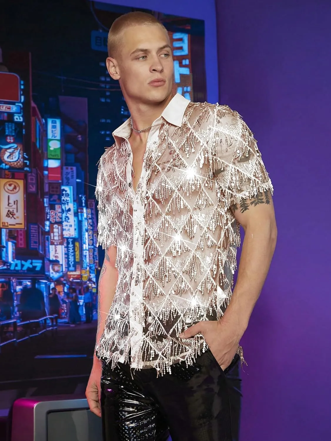 WDIRARA Men's Sequin Decor Fringe Button Front Shirts Short Sleeve Sheer Party T Shirt