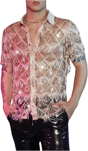 WDIRARA Men's Sequin Decor Fringe Button Front Shirts Short Sleeve Sheer Party T Shirt