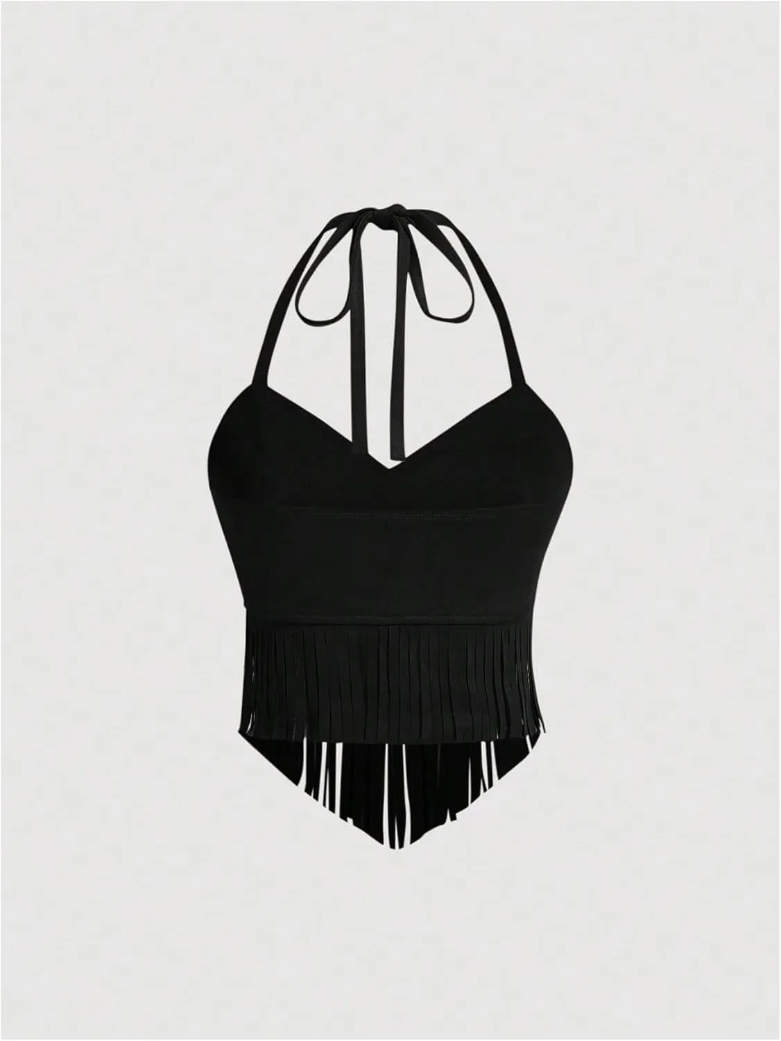 WDIRARA Women's Asymmetrical Fringe Hem Tie Backless Halter Vest Slim Fit Suede Vintage Crop Tank Tops