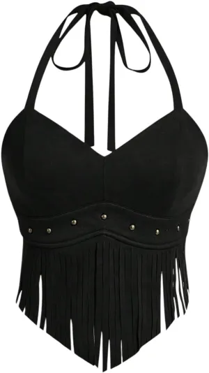 WDIRARA Women's Asymmetrical Fringe Hem Tie Backless Halter Vest Slim Fit Suede Vintage Crop Tank Tops