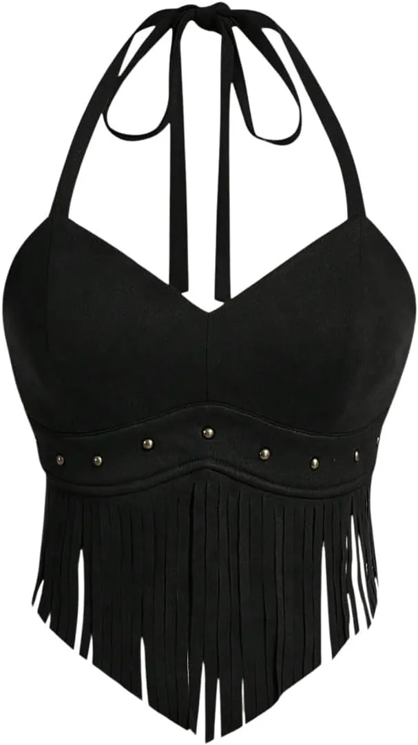 WDIRARA Women's Asymmetrical Fringe Hem Tie Backless Halter Vest Slim Fit Suede Vintage Crop Tank Tops
