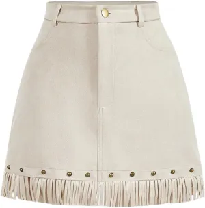 WDIRARA Women's Faux Suede Fringe Skirt High Waisted Tassel Western Mini Skirts