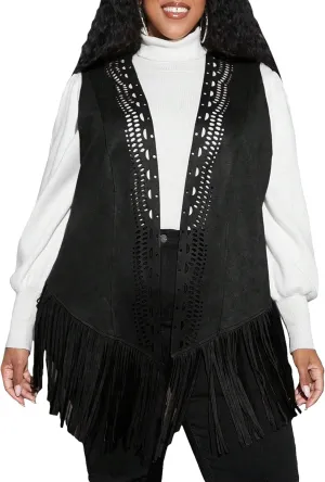 WDIRARA Women's Plus Fringe Sleeveless Vest Fringe Tassel Faux Suede Open Front 70S Hippie Jacket Cardigan