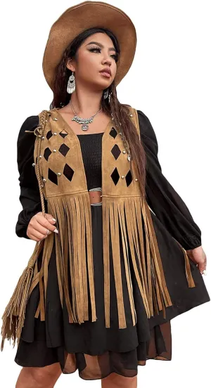 WDIRARA Women's Plus Size Cut Out Tassel Hem Vest Faux Suede Sleeveless Jacket Cardigan