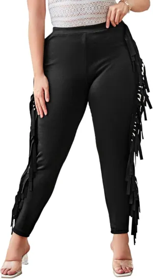 WDIRARA Women's Plus Size Elastic Waist Fringe Trim Leggings Stretch Skinny Pants
