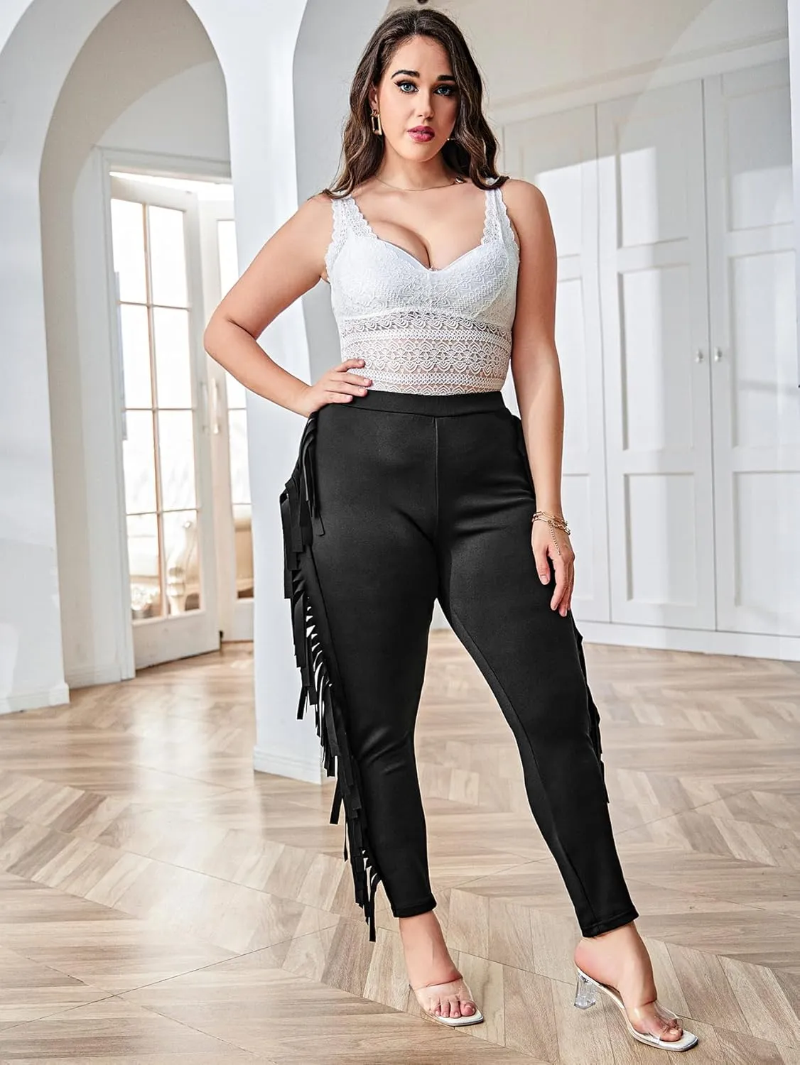 WDIRARA Women's Plus Size Elastic Waist Fringe Trim Leggings Stretch Skinny Pants