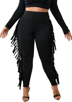 WDIRARA Women's Plus Size Elastic Waist Fringe Trim Leggings Stretch Skinny Pants