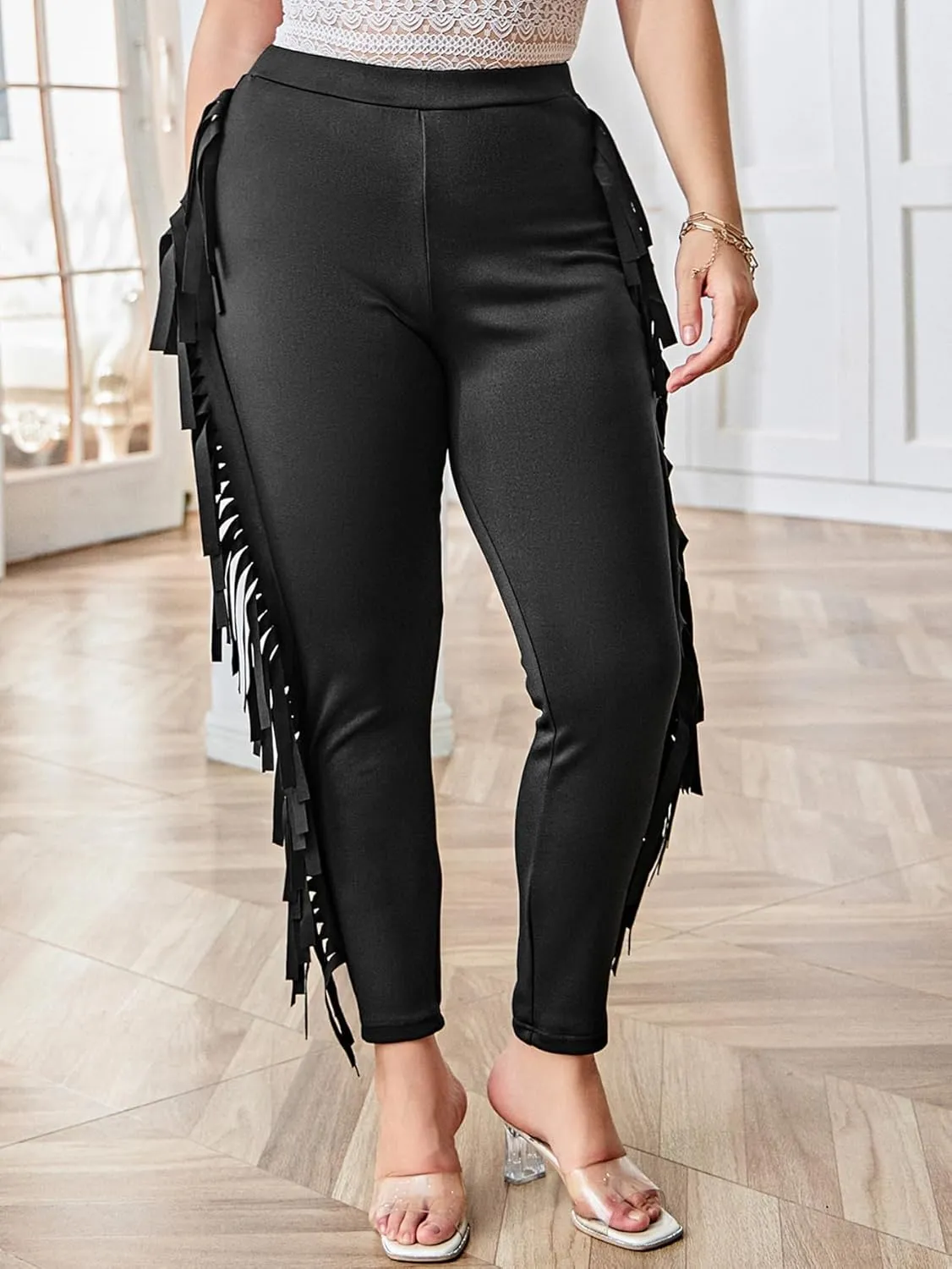 WDIRARA Women's Plus Size Elastic Waist Fringe Trim Leggings Stretch Skinny Pants