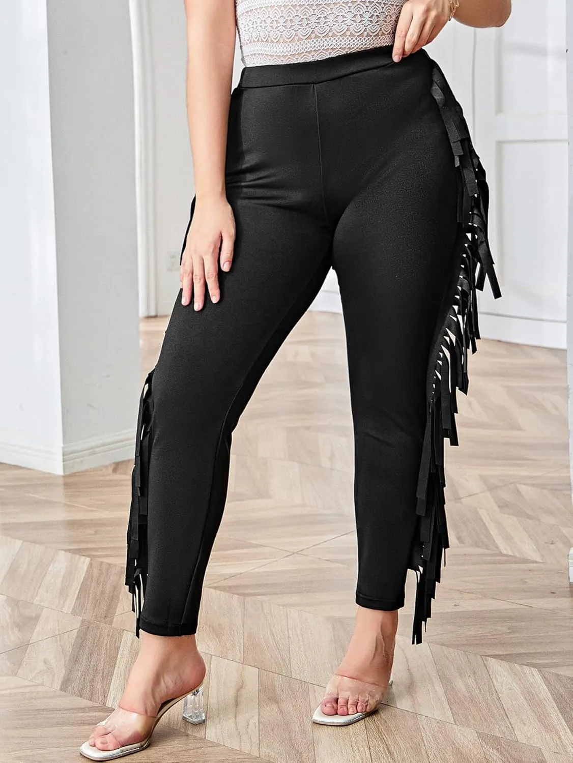 WDIRARA Women's Plus Size Elastic Waist Fringe Trim Leggings Stretch Skinny Pants