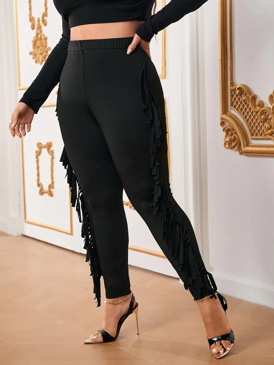 WDIRARA Women's Plus Size Elastic Waist Fringe Trim Leggings Stretch Skinny Pants