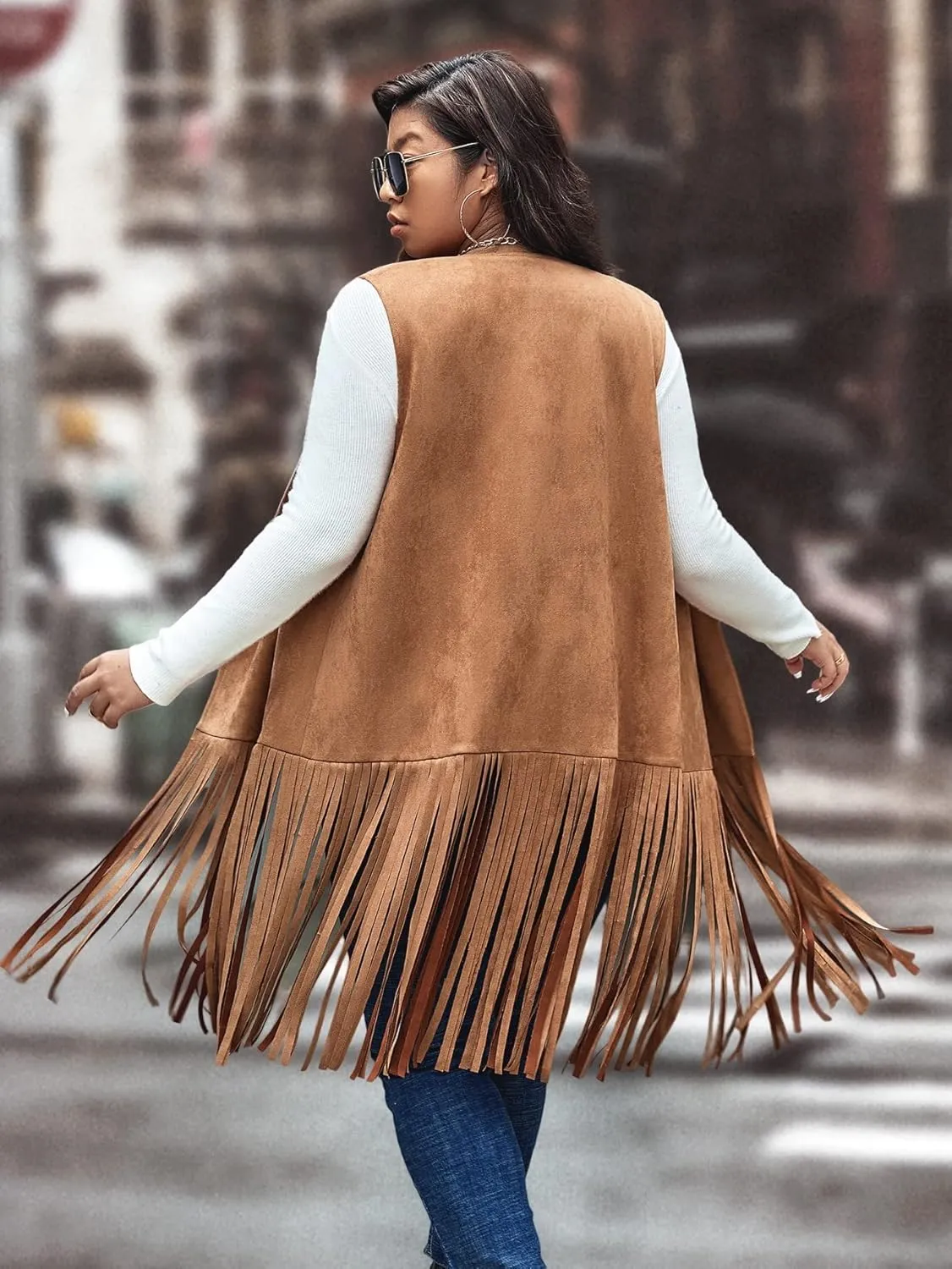 WDIRARA Women's Plus Size Fringe Hem Faux Suede Open Front Cardigan Vest Coat
