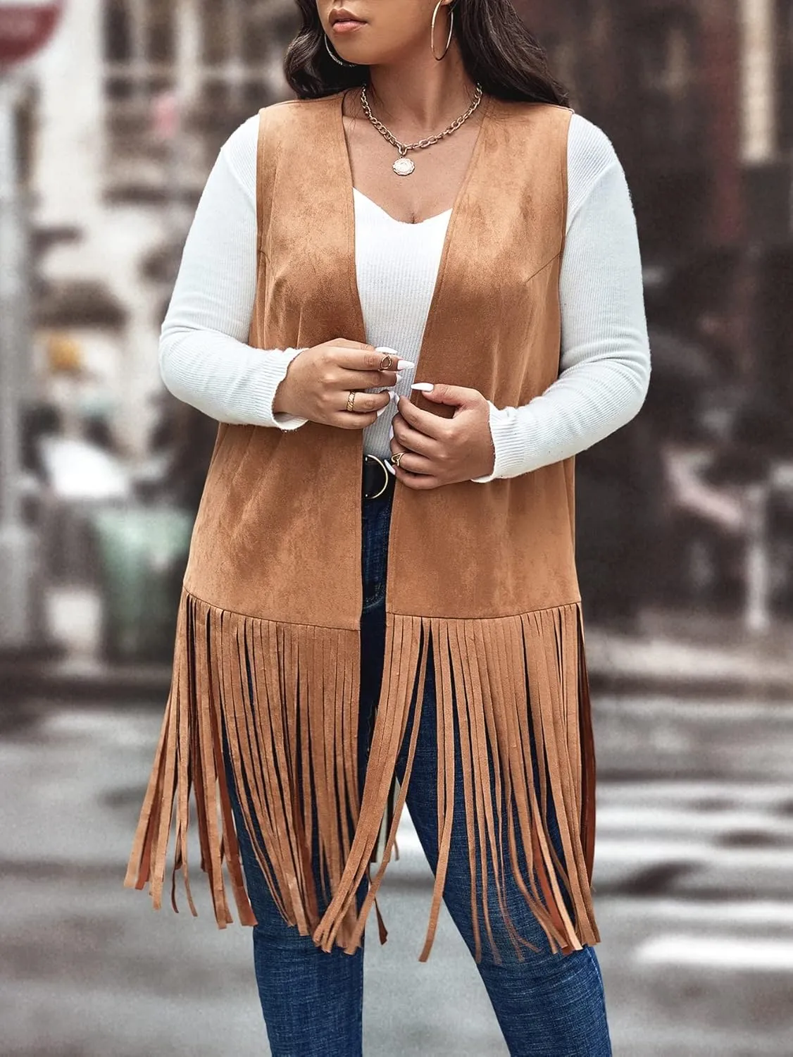 WDIRARA Women's Plus Size Fringe Hem Faux Suede Open Front Cardigan Vest Coat