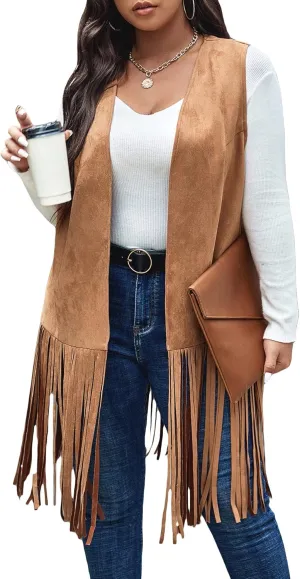WDIRARA Women's Plus Size Fringe Hem Faux Suede Open Front Cardigan Vest Coat