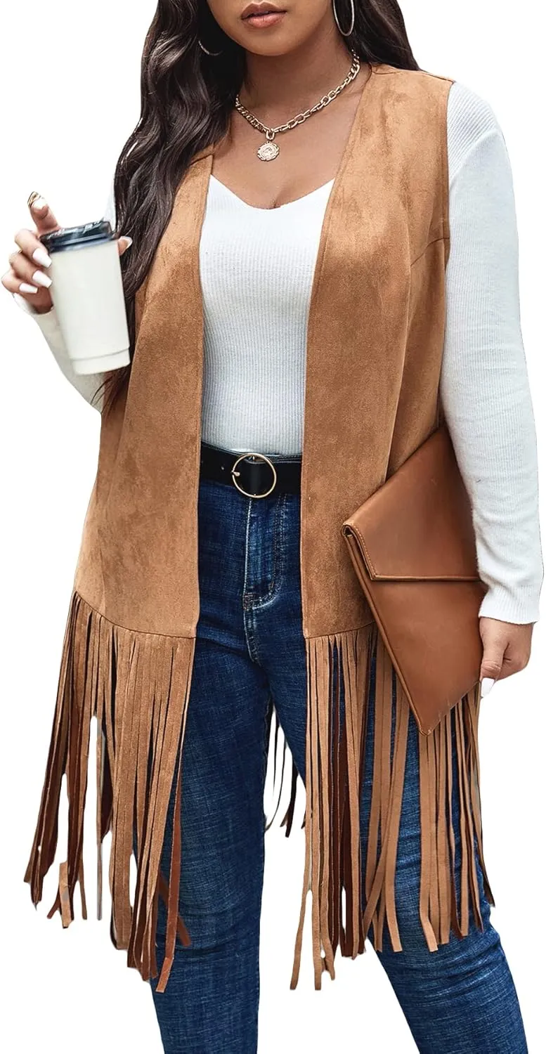 WDIRARA Women's Plus Size Fringe Hem Faux Suede Open Front Cardigan Vest Coat