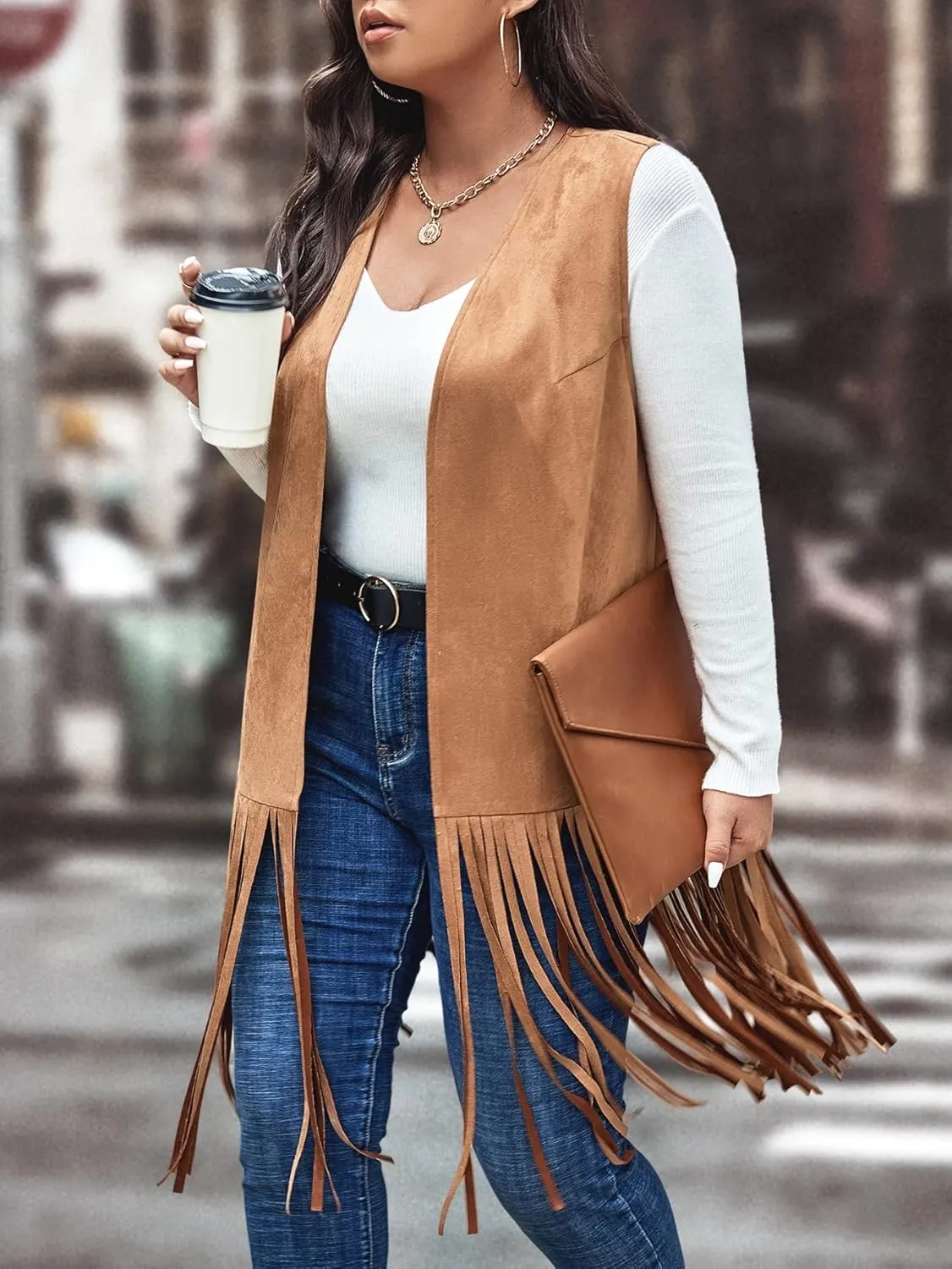 WDIRARA Women's Plus Size Fringe Hem Faux Suede Open Front Cardigan Vest Coat