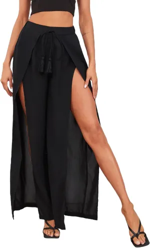WDIRARA Women's Split Elastic Waist Wide Leg Tie Front Wrap Long Pants