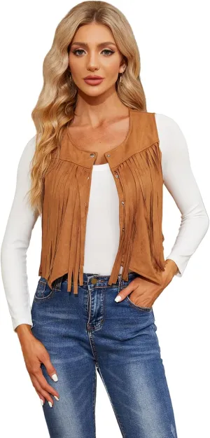 WERFORU Fringe Vest Women Faux Suede Open-Front Vintage Tassel Vest Coat Sleeveless 70s Hippie Boho Western Jacket