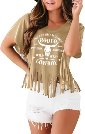 Western Rodeo Fringe Shirts for Women Cowgirl Cowboy Tshirt Cow Skull Vintage Country Music Graphic Tees Tassel Tops