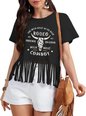 Western Shirt for Women Vintage Cowgirl Fringe T-Shirt Short Sleeve Rodeo Country Tee Tops